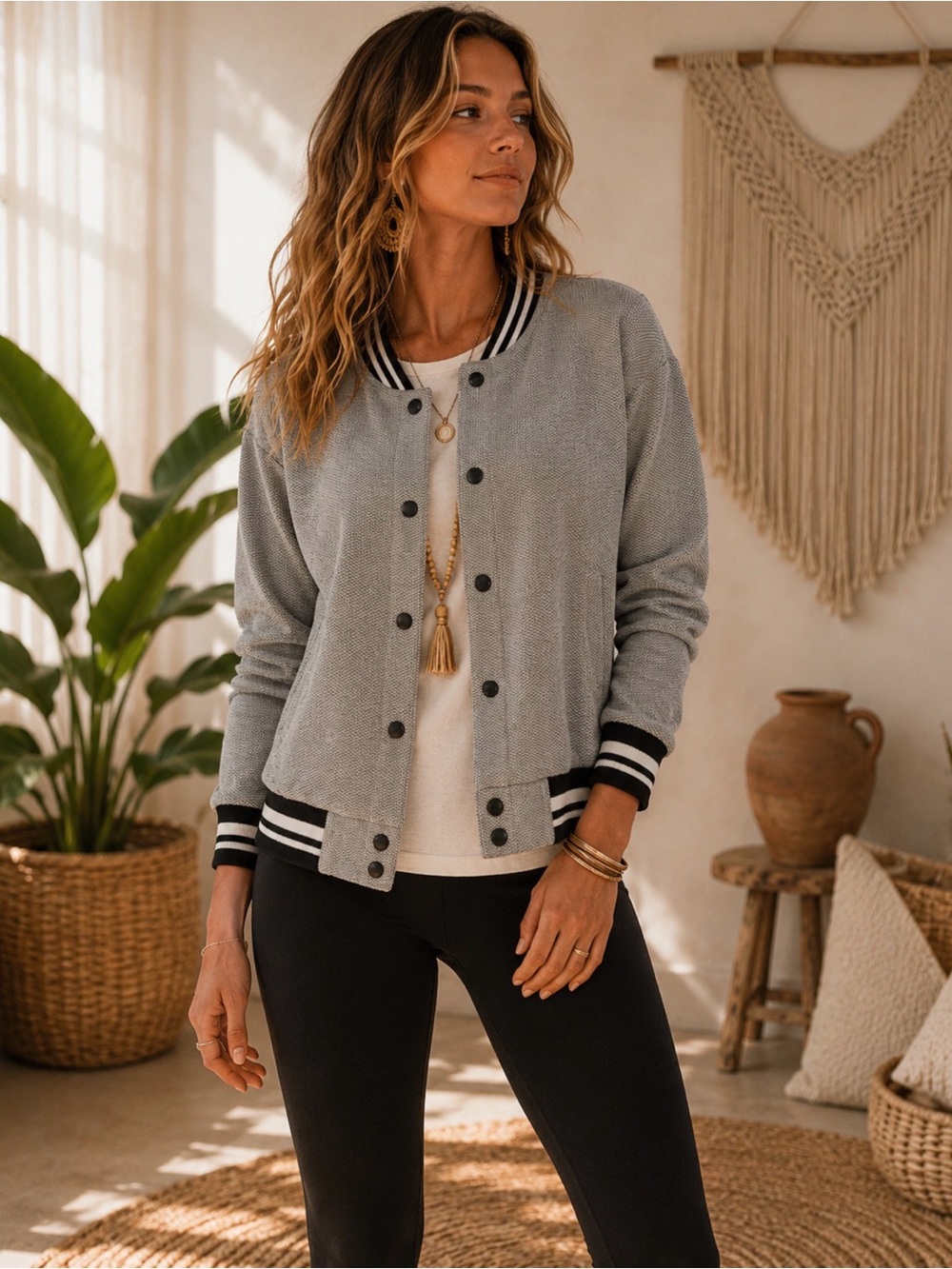 cupcakes & cashmere Gray Textured Varsity Jacket with Striped Trim Size Medium